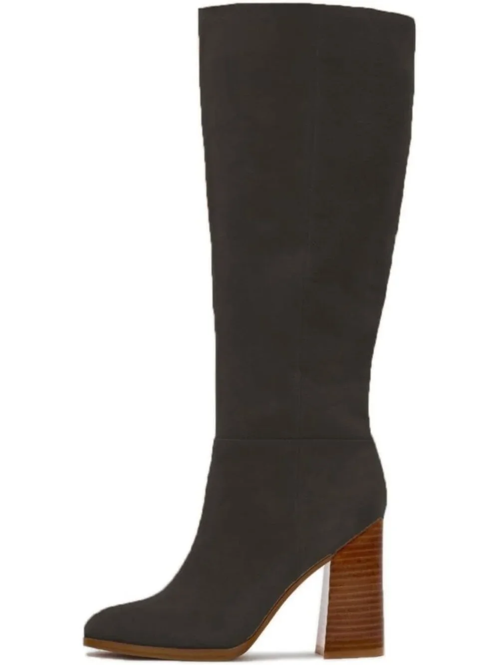Women's Black Chunky Heeled Round Toe Faux Suede Side Zipper Knee High Boots